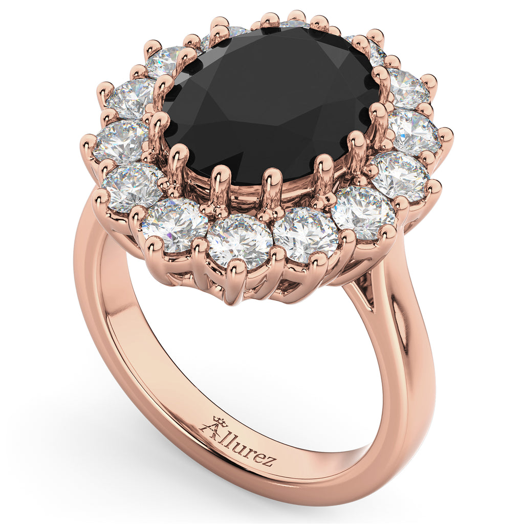 Oval Black Diamond & Diamond Halo Lady Di Ring 18k Rose Gold (6.40ct)