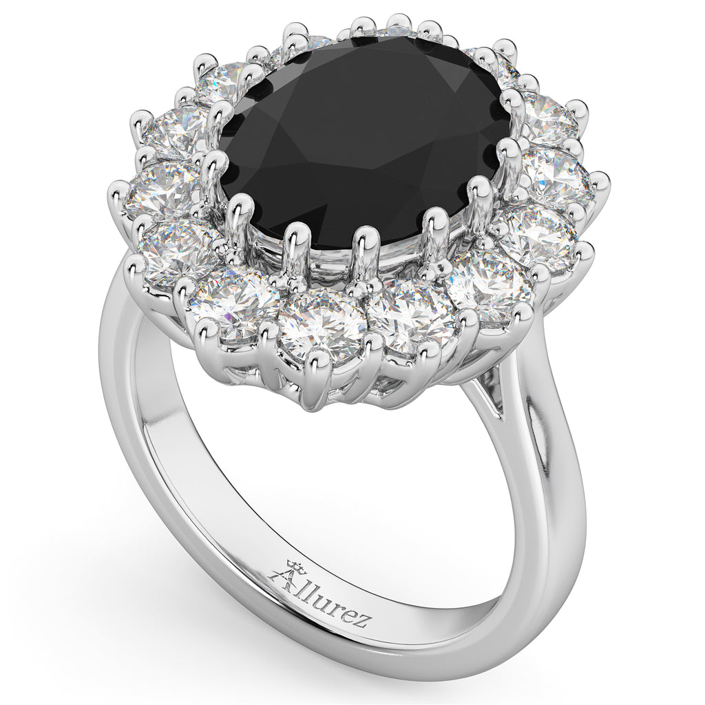 Oval Black Diamond & Diamond Halo Lady Di Ring 18k White Gold (6.40ct)