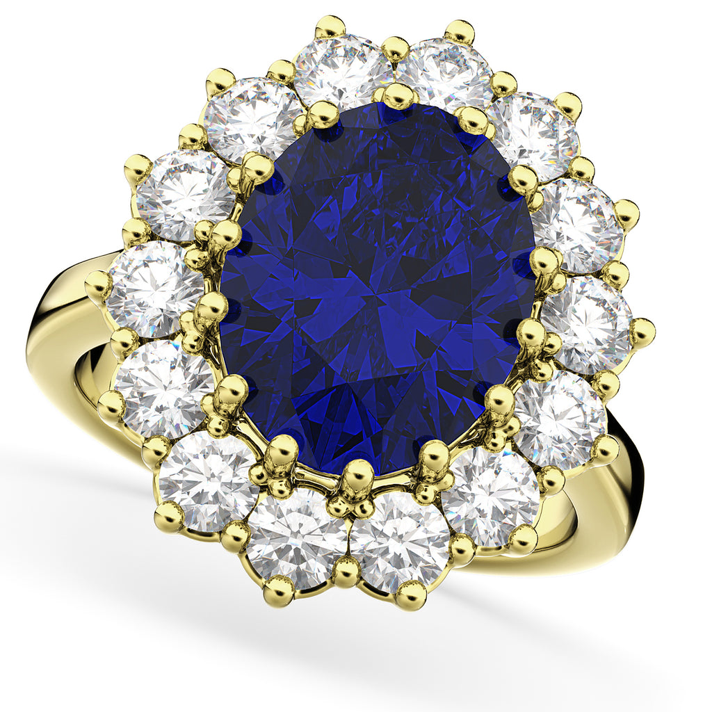 Oval Blue Sapphire & Diamond Halo Lady Di Ring 14k Yellow Gold (6.40ct)