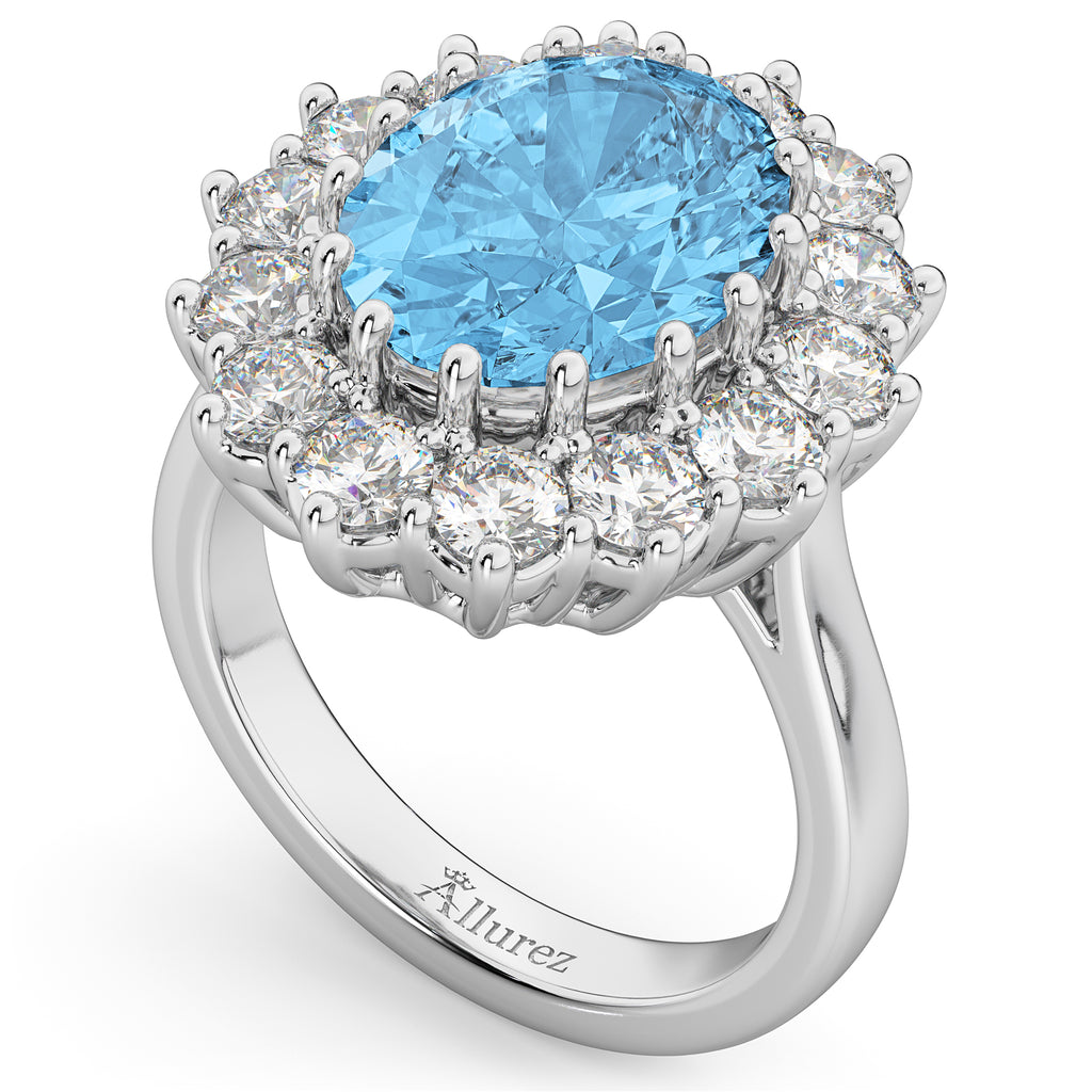 Oval Blue Topaz & Diamond Halo Lady Di Ring 14k White Gold (6.40ct)