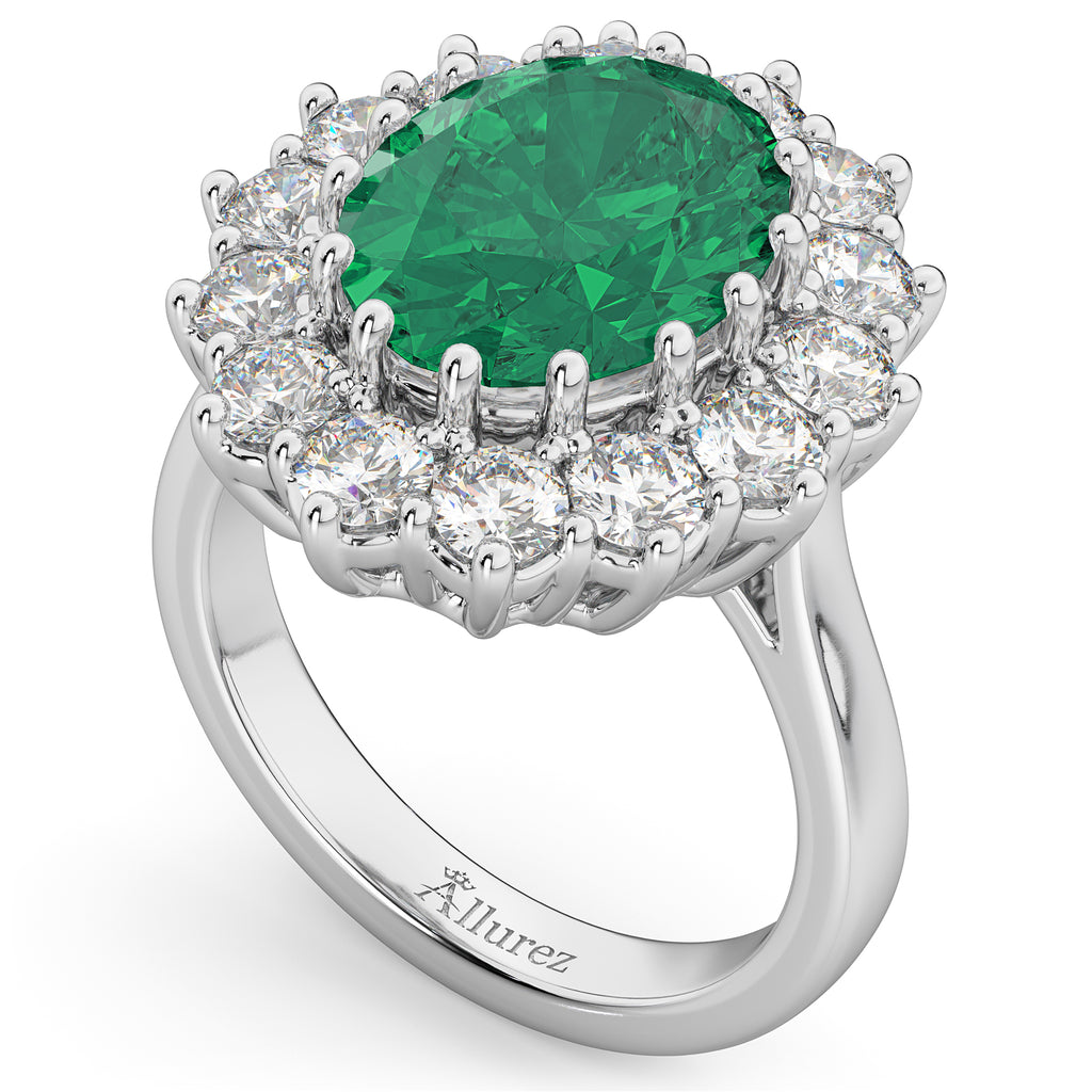 Oval Emerald & Diamond Halo Lady Di Ring 18k White Gold (6.40ct)