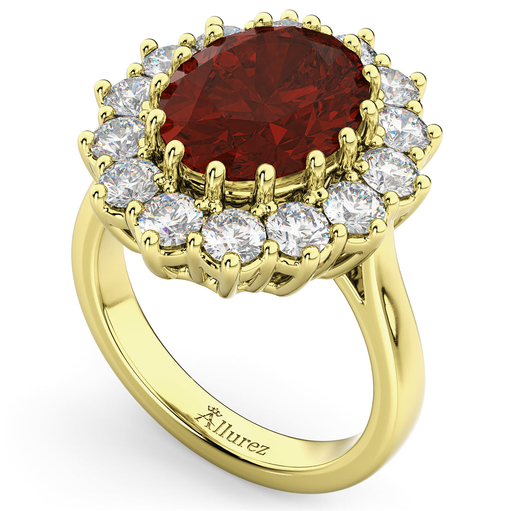 Oval Garnet & Diamond Halo Lady Di Ring 14k Yellow Gold (6.40ct)
