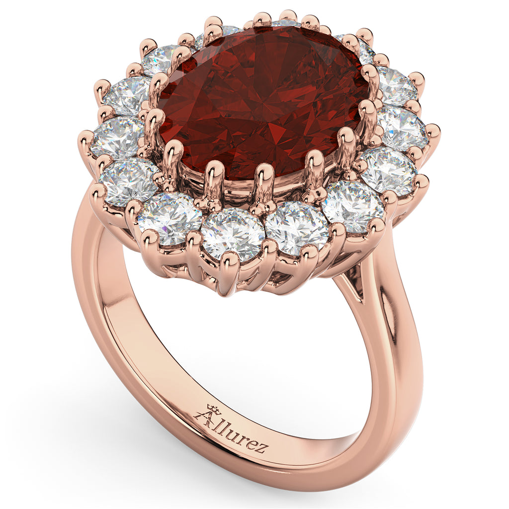 Oval Garnet & Diamond Halo Lady Di Ring 18k Rose Gold (6.40ct)
