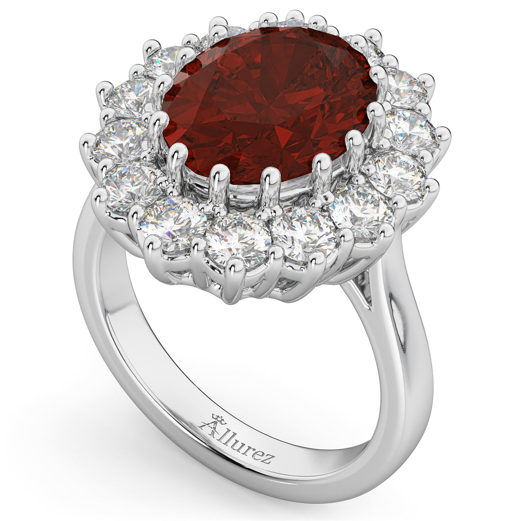 Oval Garnet & Diamond Halo Lady Di Ring Platinum (6.40ct)