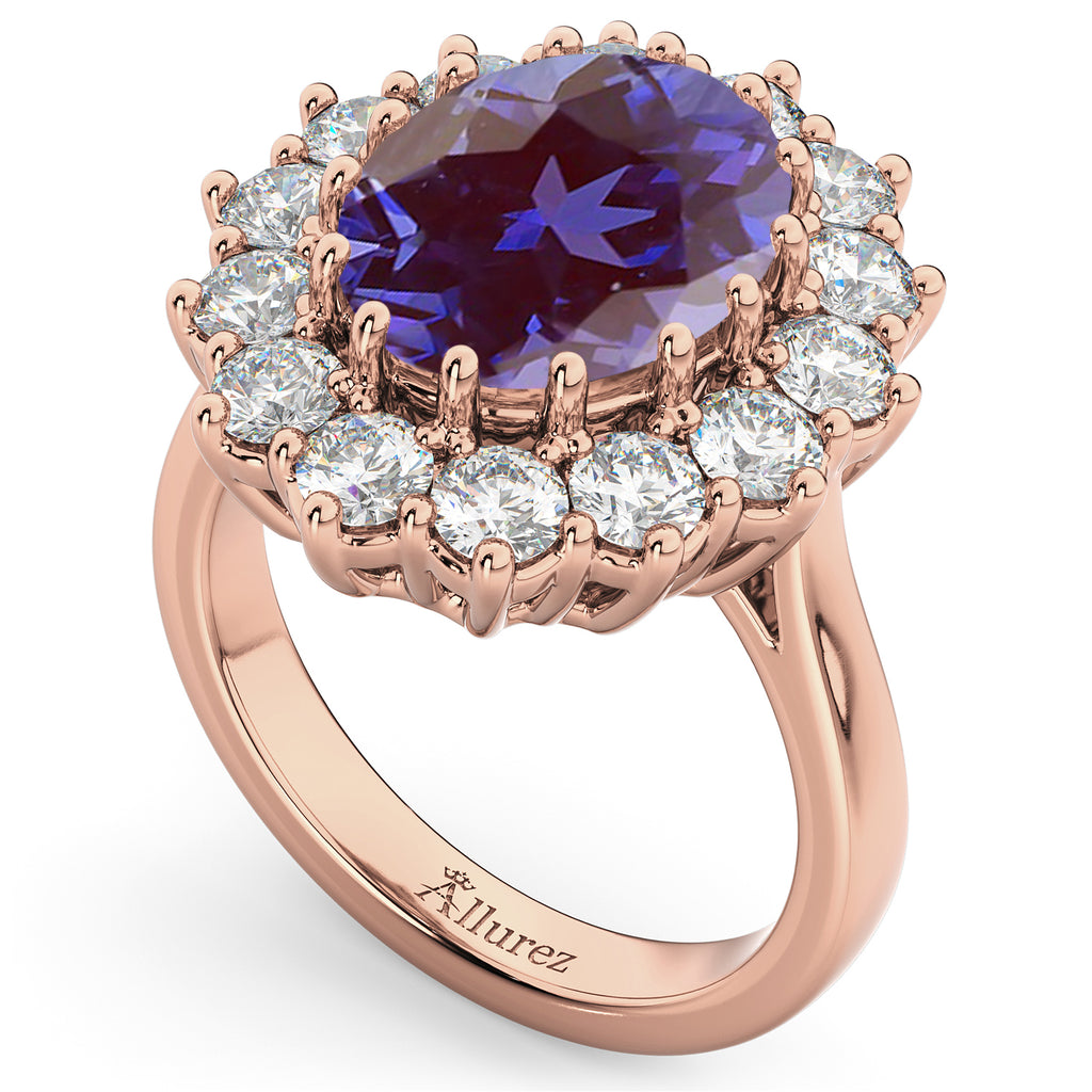 Oval Lab Alexandrite & Diamond Halo Lady Di Ring 14k Rose Gold (6.40ct)
