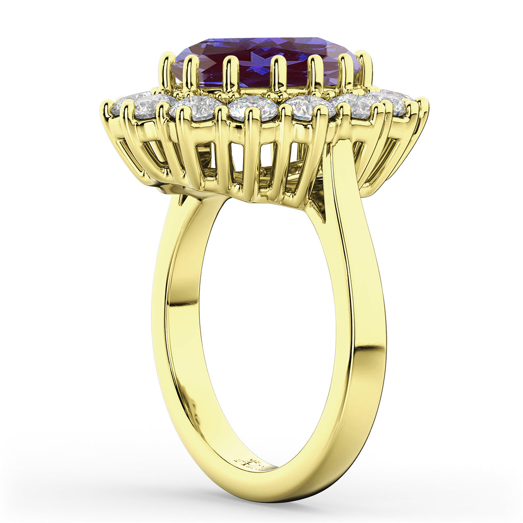 Oval Lab Alexandrite & Diamond Halo Lady Di Ring 14k Yellow Gold (6.40ct)