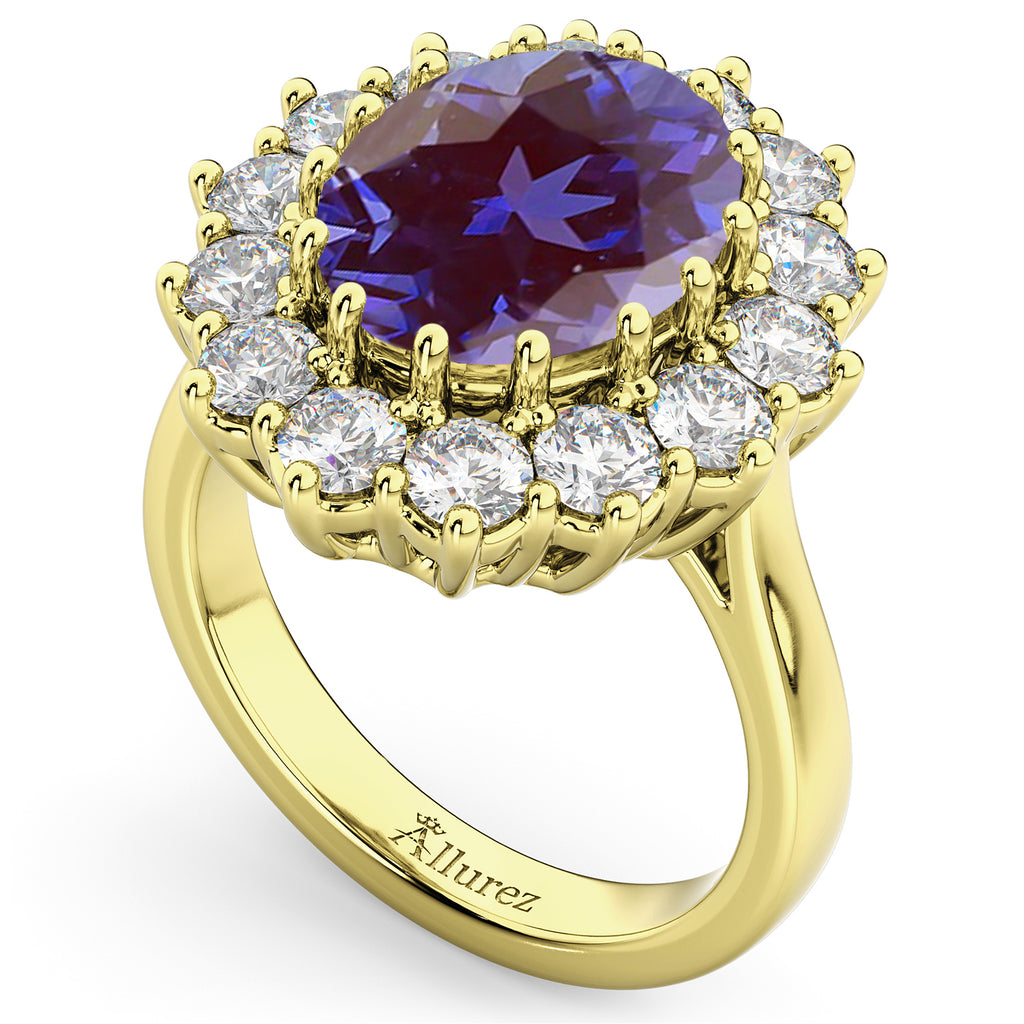 Oval Lab Alexandrite & Diamond Halo Lady Di Ring 14k Yellow Gold (6.40ct)