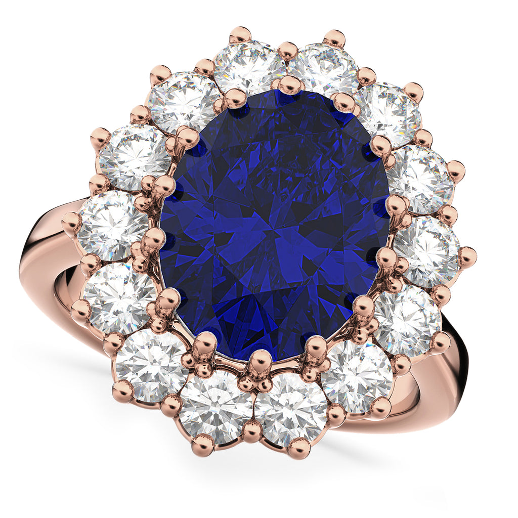 Oval Lab Blue Sapphire & Diamond Halo Lady Di Ring 14k Rose Gold (6.40ct)