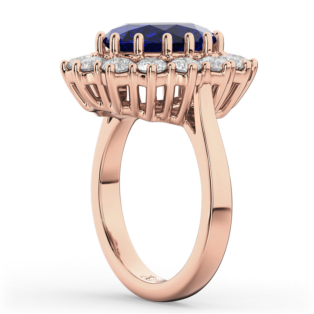 Oval Lab Blue Sapphire & Diamond Halo Lady Di Ring 14k Rose Gold (6.40ct)