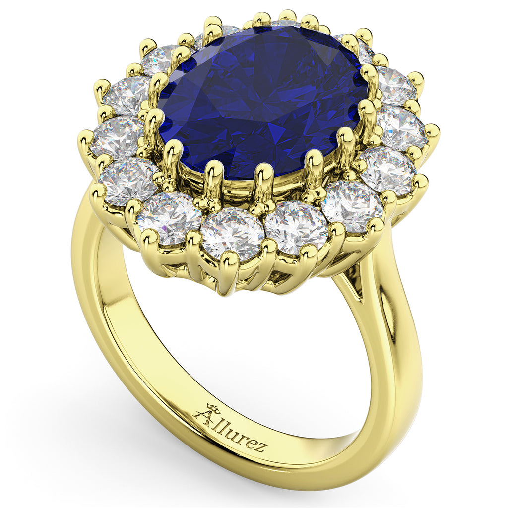 Oval Lab Blue Sapphire & Diamond Halo Lady Di Ring 14k Yellow Gold (6.40ct)