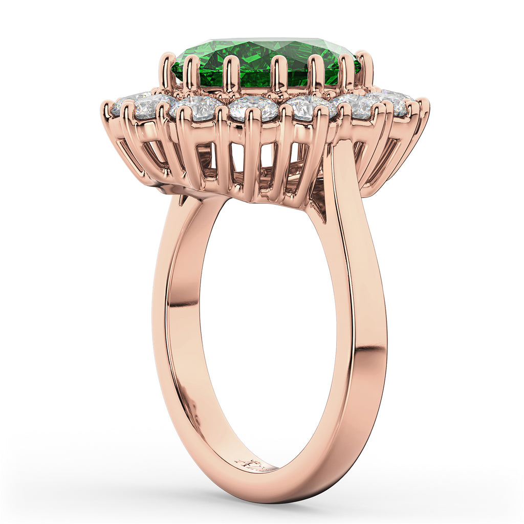 Oval Lab Emerald & Diamond Halo Lady Di Ring 14k Rose Gold (6.40ct)