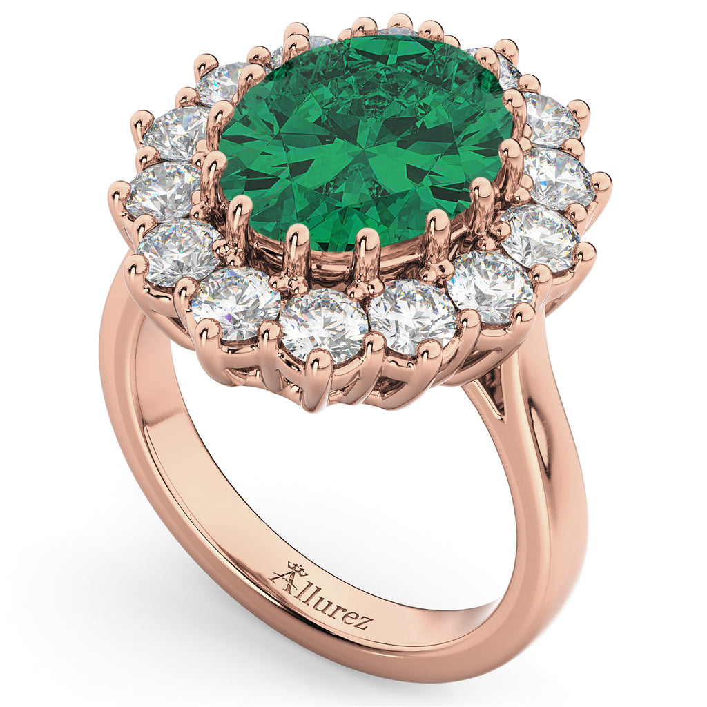 Oval Lab Emerald & Diamond Halo Lady Di Ring 14k Rose Gold (6.40ct)