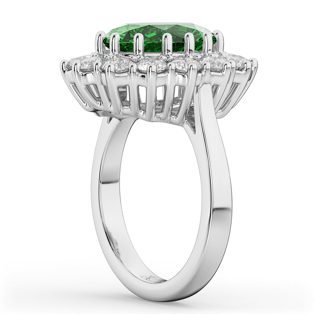 Oval Lab Emerald & Diamond Halo Lady Di Ring 14k White Gold (6.40ct)