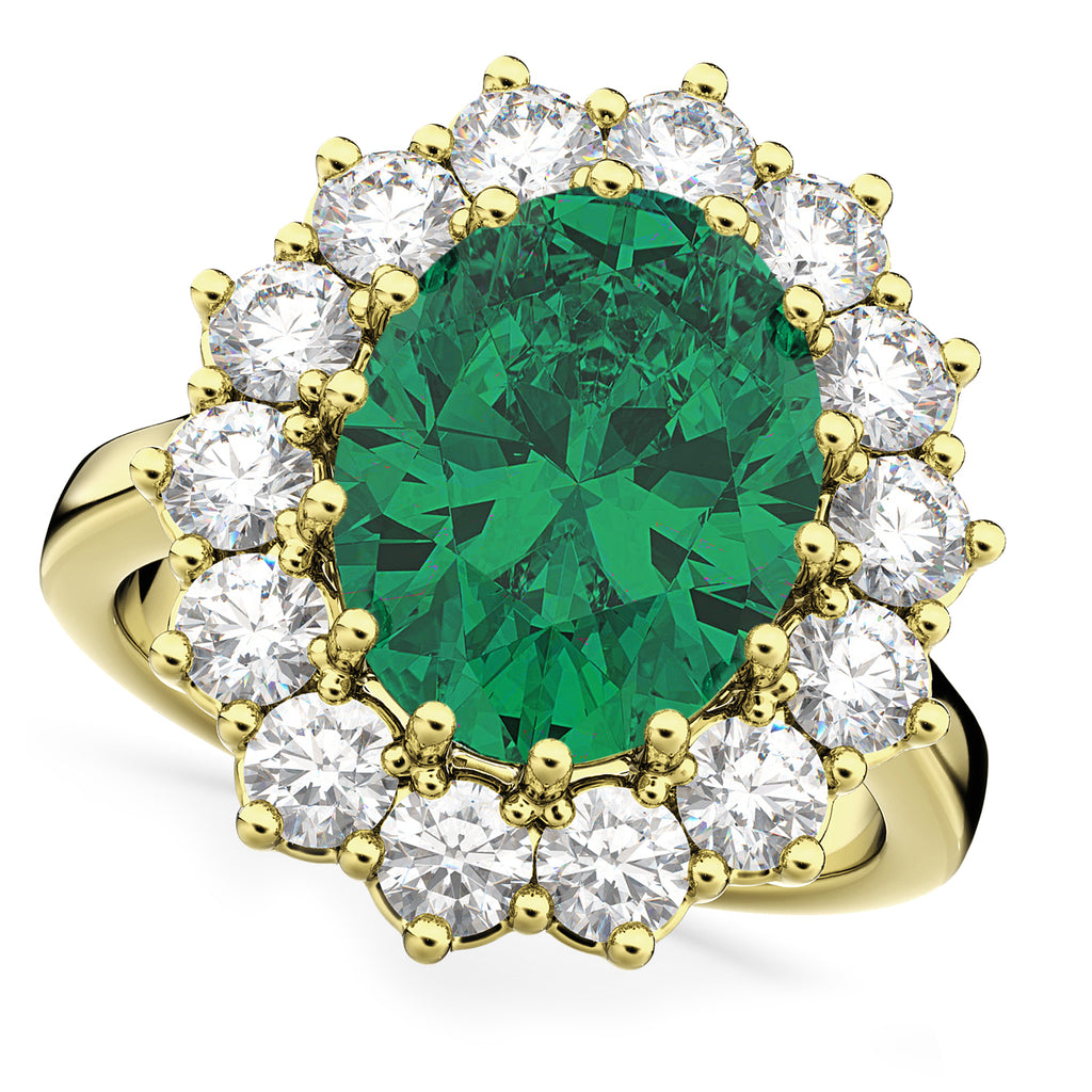 Oval Lab Emerald & Diamond Halo Lady Di Ring 14k Yellow Gold (6.40ct)