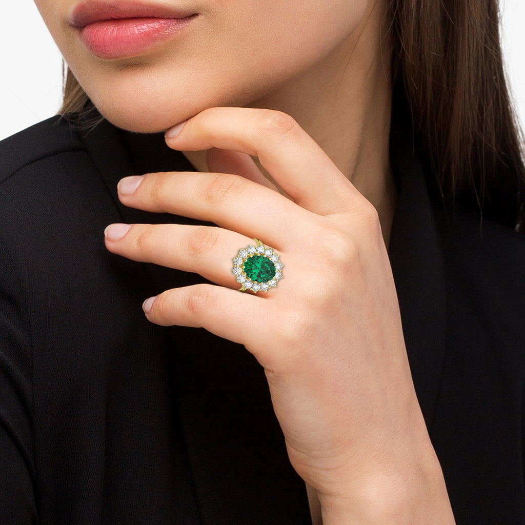 Oval Lab Emerald & Diamond Halo Lady Di Ring 14k Yellow Gold (6.40ct)