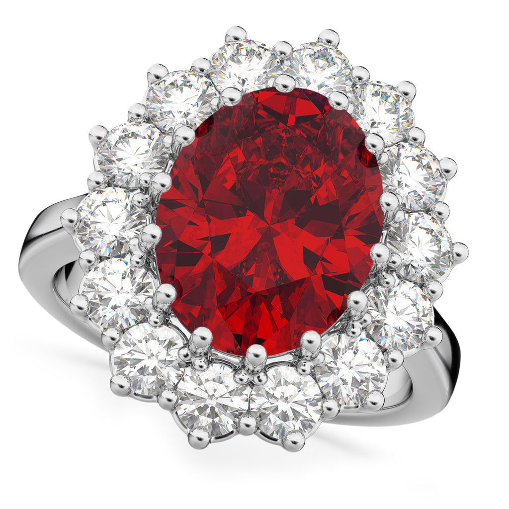 Oval Lab Ruby & Diamond Halo Lady Di Ring 14k White Gold (6.40ct)