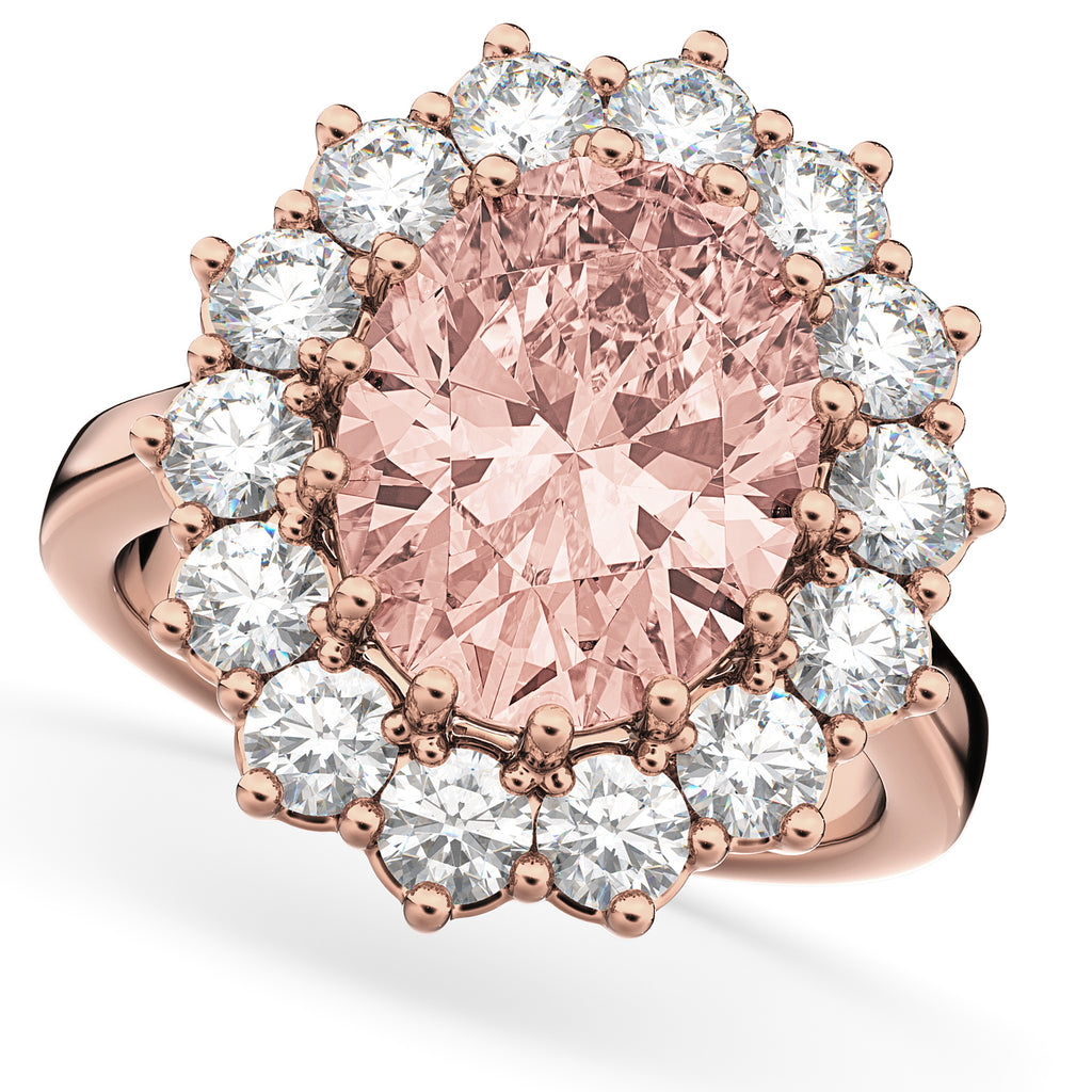 Oval Morganite & Diamond Halo Lady Di Ring 18k Rose Gold (6.40ct)