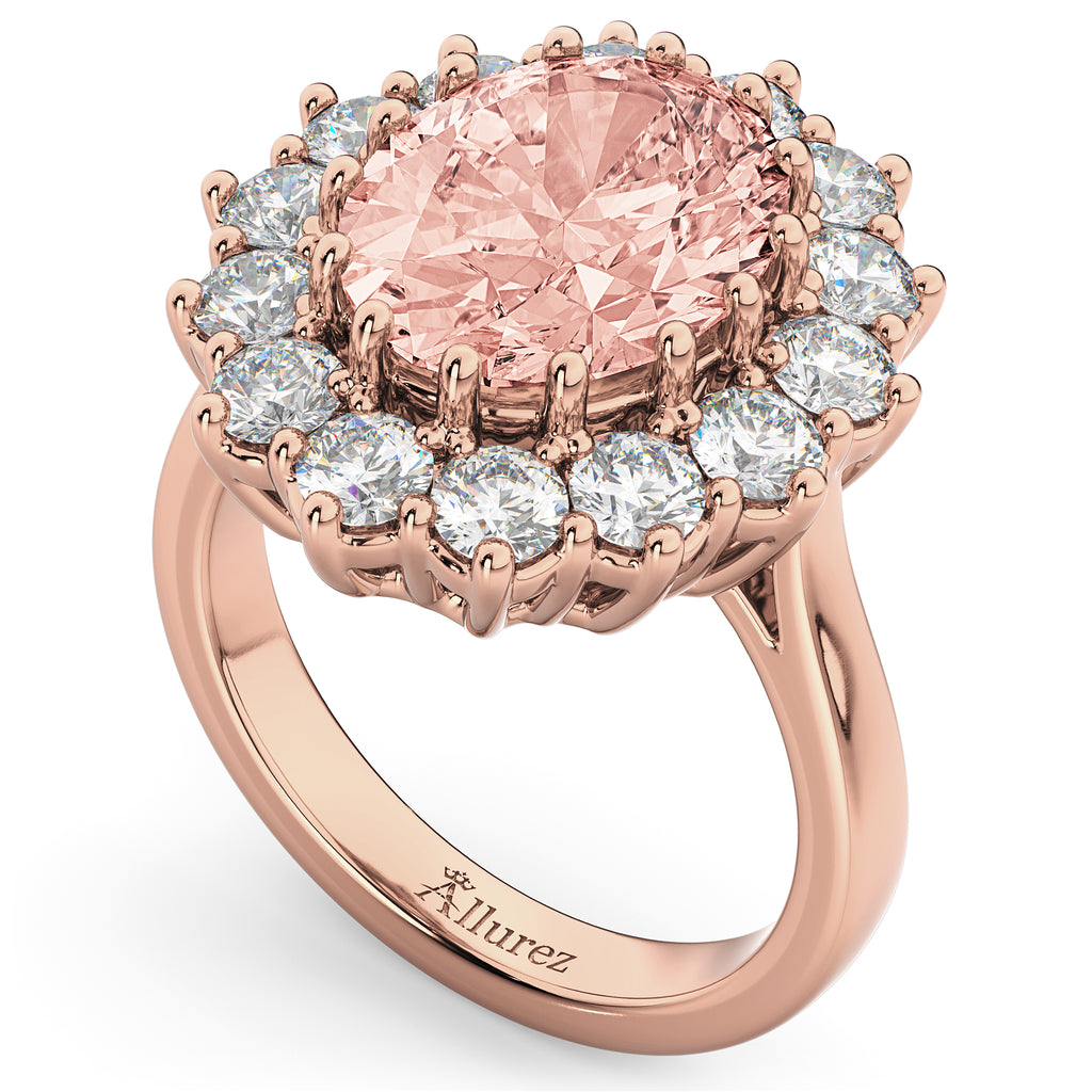 Oval Morganite & Diamond Halo Lady Di Ring 18k Rose Gold (6.40ct)