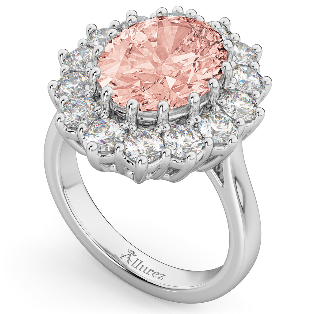 Oval Morganite & Diamond Halo Lady Di Ring 18k White Gold (6.40ct)