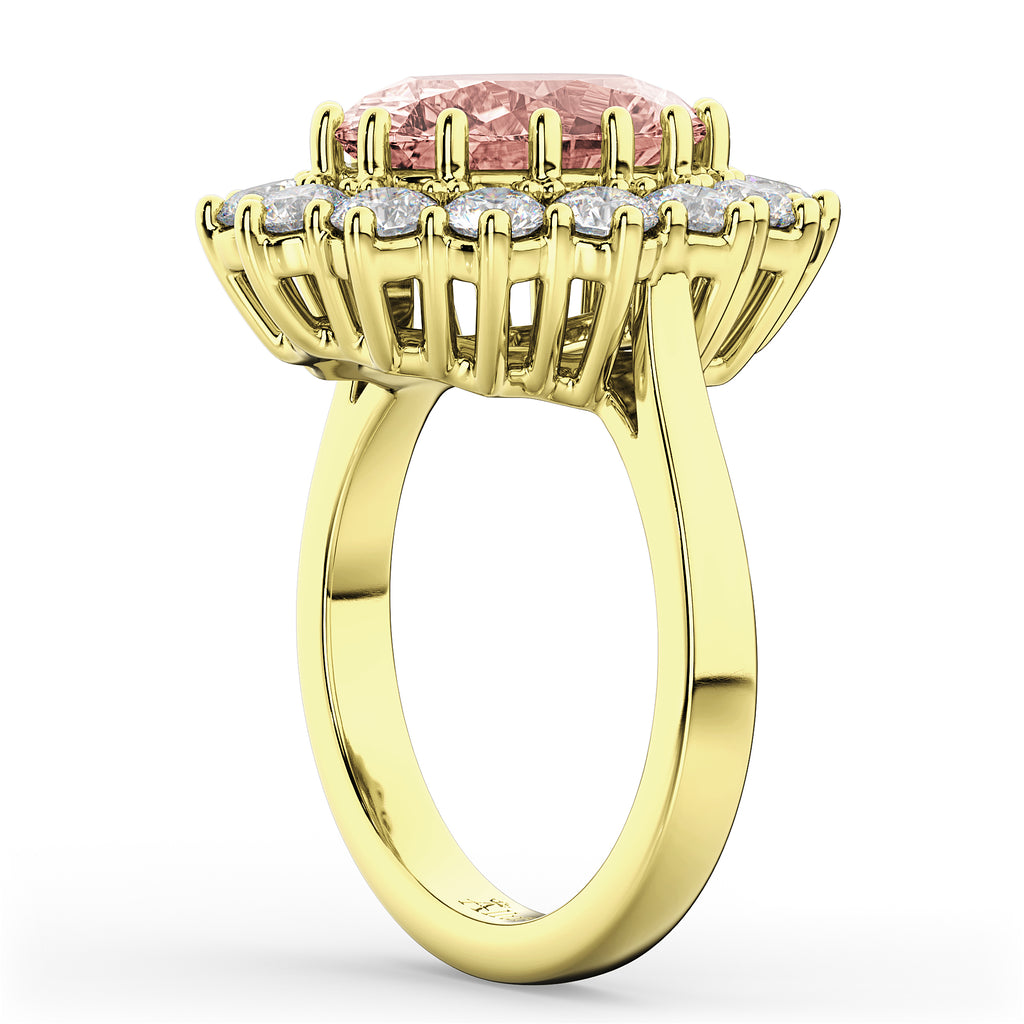 Oval Morganite & Diamond Halo Lady Di Ring 18k Yellow Gold (6.40ct)