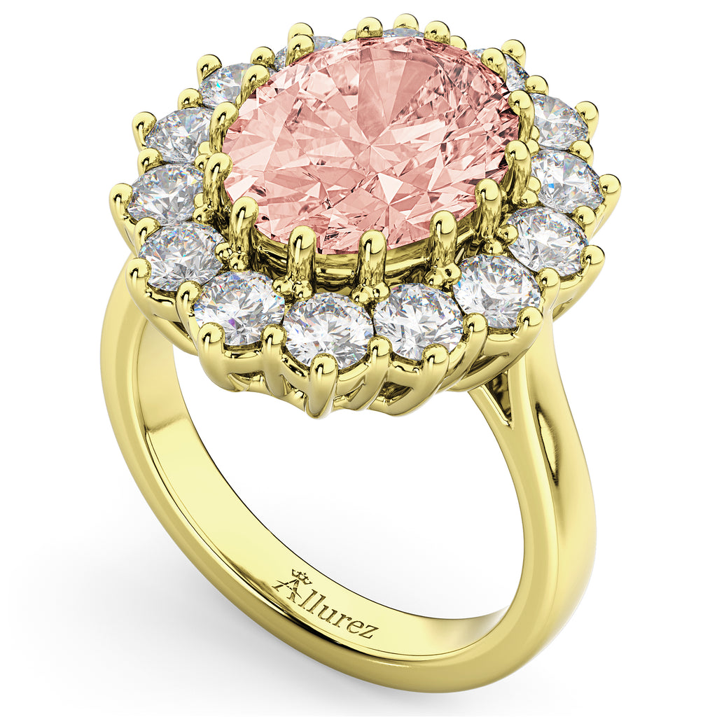 Oval Morganite & Diamond Halo Lady Di Ring 18k Yellow Gold (6.40ct)
