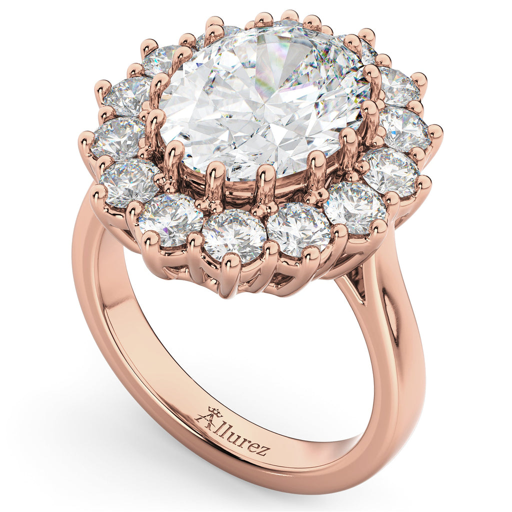 Oval 12x10mm moissanite and fourteen white diamond halo Lady Di ring in rose gold, original oblique product view