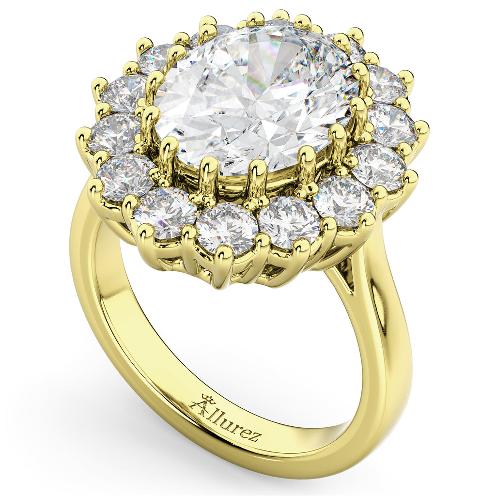 Oval Moissanite & Diamond Halo Lady Di Ring 14k Yellow Gold (6.40ct)