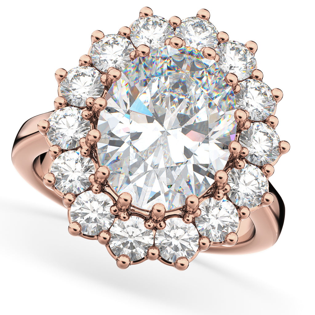 Oval Moissanite & Diamond Halo Lady Di Ring 18k Rose Gold (6.40ct)