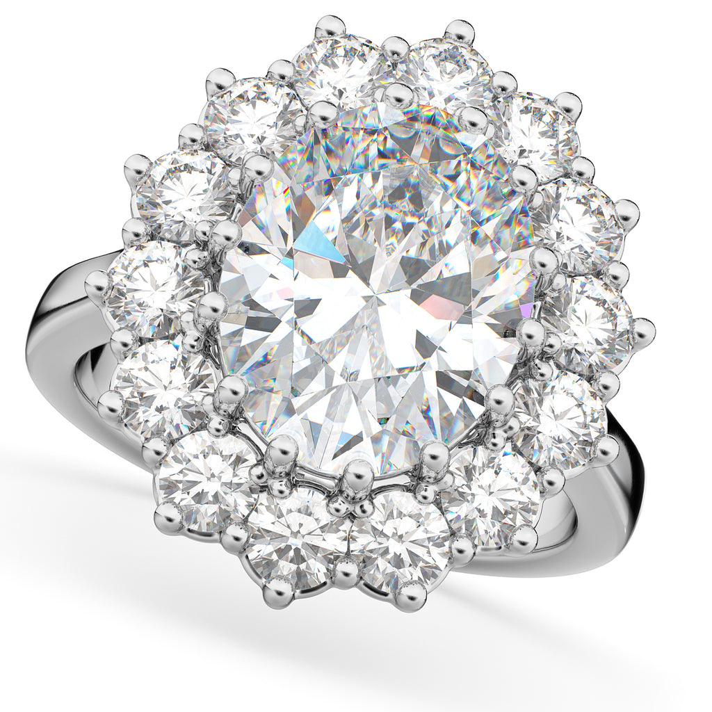 Oval Moissanite & Diamond Halo Lady Di Ring 18k White Gold (6.40ct)