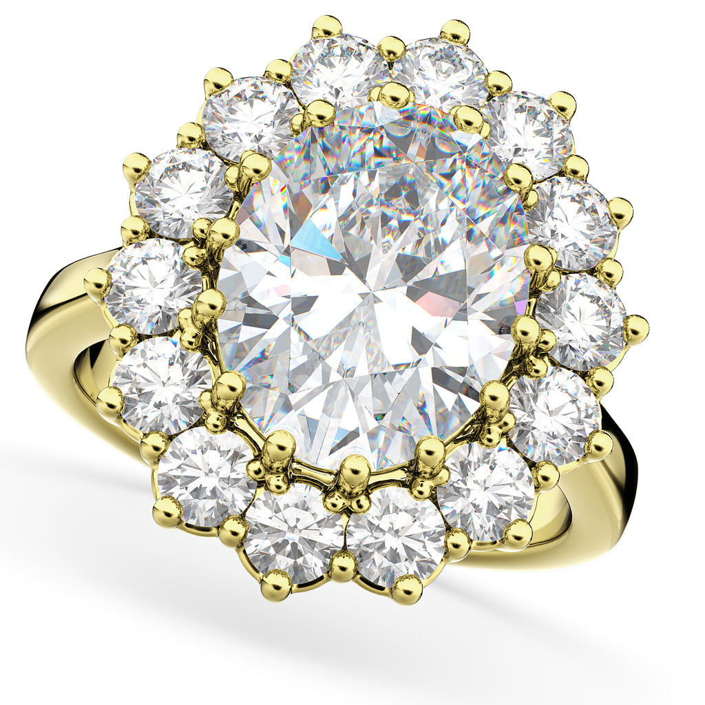 Oval Moissanite & Diamond Halo Lady Di Ring 18k Yellow Gold (6.40ct)