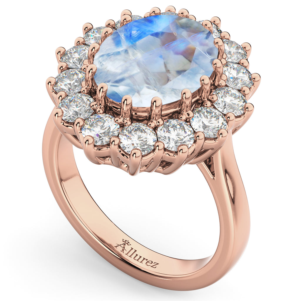 Oval Moonstone & Diamond Halo Lady Di Ring 14k Rose Gold (6.40ct)