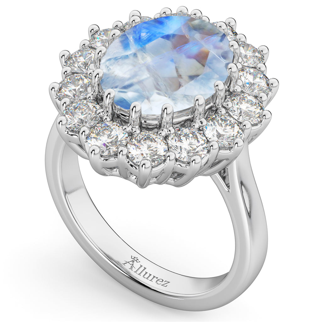 Oval Moonstone & Diamond Halo Lady Di Ring 14k White Gold (6.40ct)