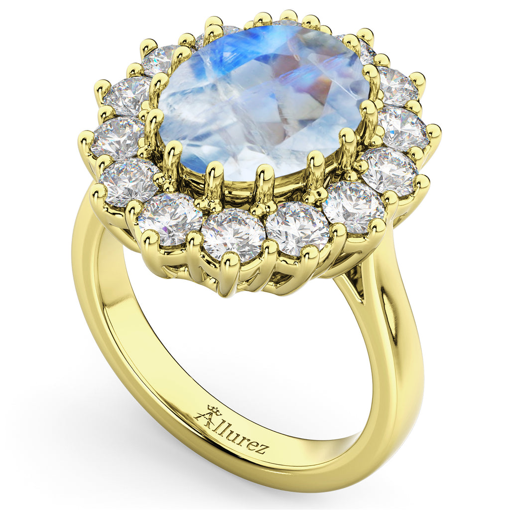 Oval Moonstone & Diamond Halo Lady Di Ring 14k Yellow Gold (6.40ct)