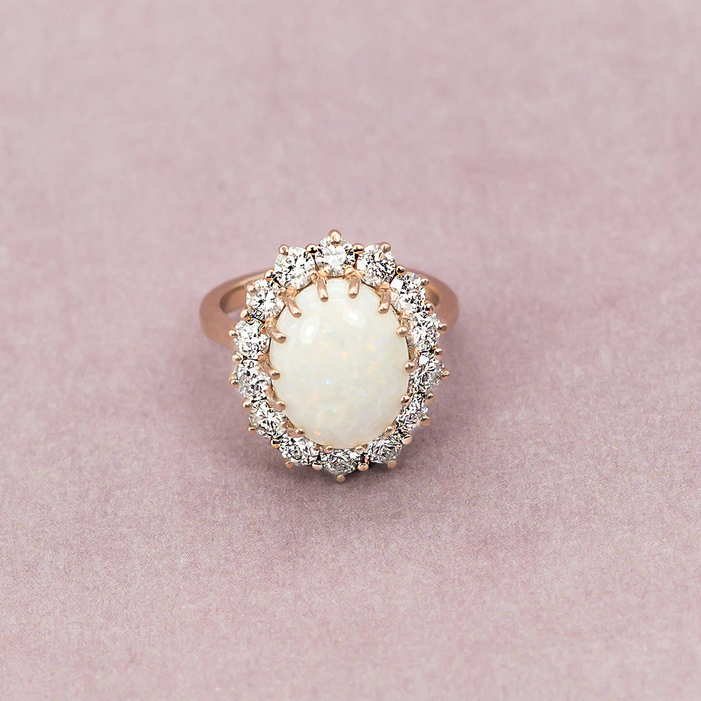 Oval Opal & Diamond Halo Lady Di Ring 14k Rose Gold (6.40ct)