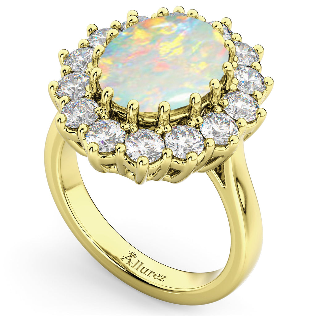 Natural oval 12x10mm opal and fourteen white diamond halo Lady Di ring in yellow gold, original oblique product view