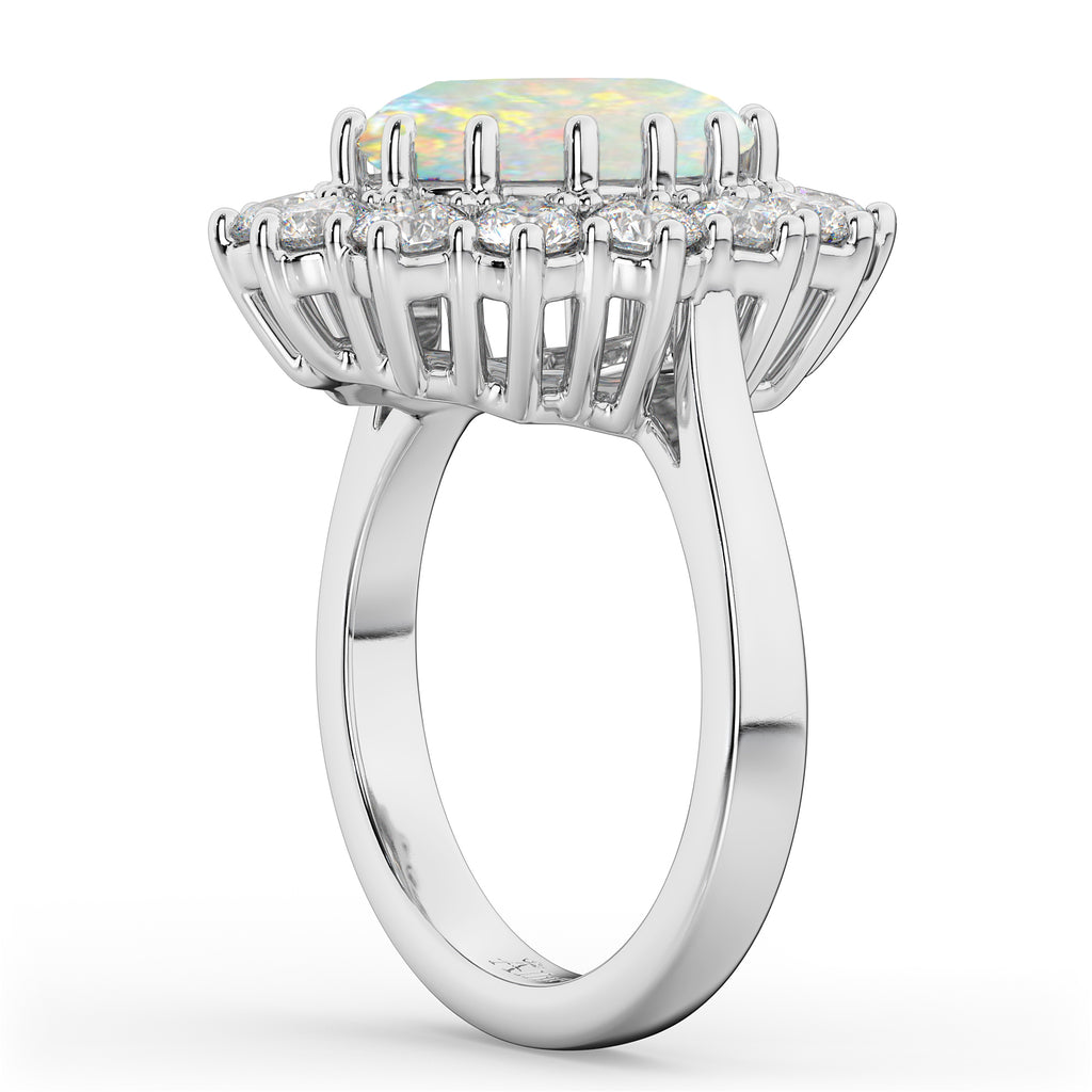 Oval Opal & Diamond Halo Lady Di Ring 18k White Gold (6.40ct)