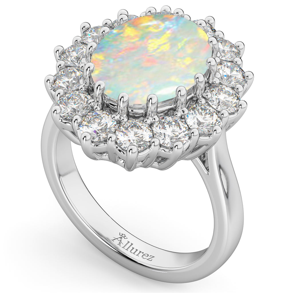 Oval Opal & Diamond Halo Lady Di Ring 18k White Gold (6.40ct)