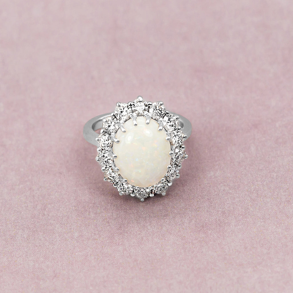 Oval Opal & Diamond Halo Lady Di Ring Platinum (6.40ct)