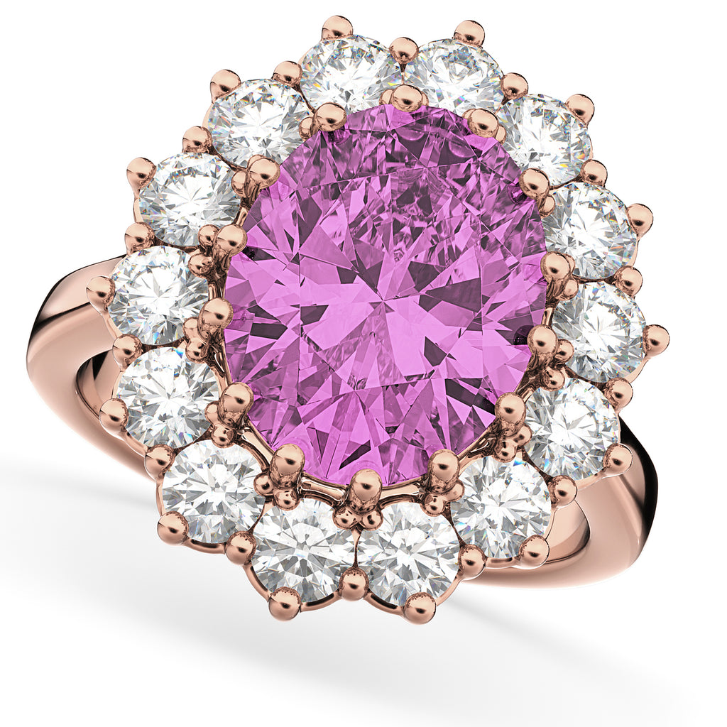 Oval Pink Sapphire & Diamond Halo Lady Di Ring 18k Rose Gold (6.40ct)