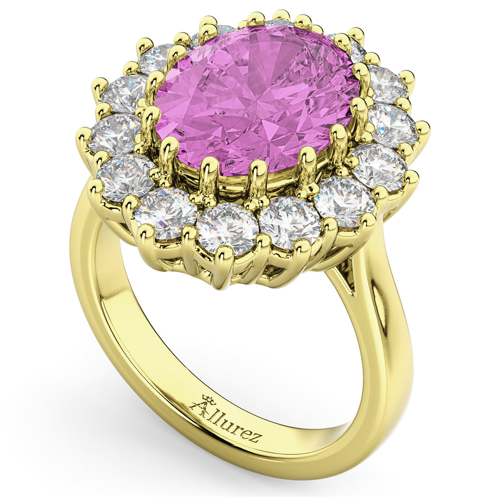 Oval Pink Sapphire & Diamond Halo Lady Di Ring 18k Yellow Gold (6.40ct)