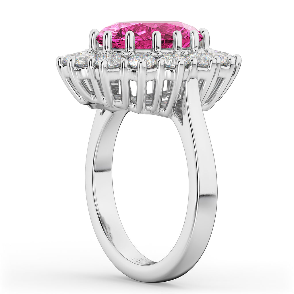 Oval Pink Tourmaline & Diamond Halo Lady Di Ring 14k White Gold (6.40ct)