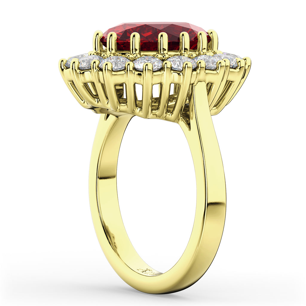 Oval Ruby & Diamond Halo Lady Di Ring 14k Yellow Gold (6.40ct)