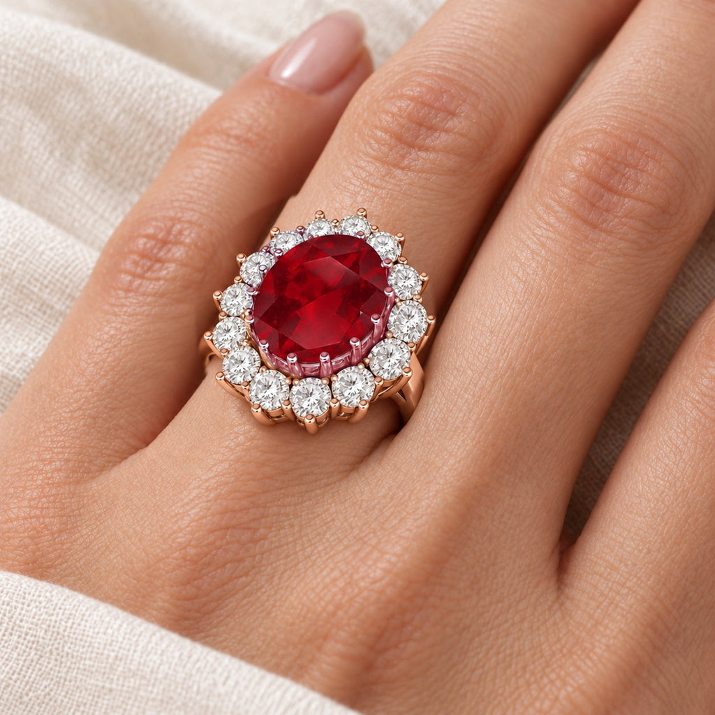 natural 12x10mm oval ruby with fourteen white halo diamonds in 14k rose gold, ivory-linen left-ring-finger closeup