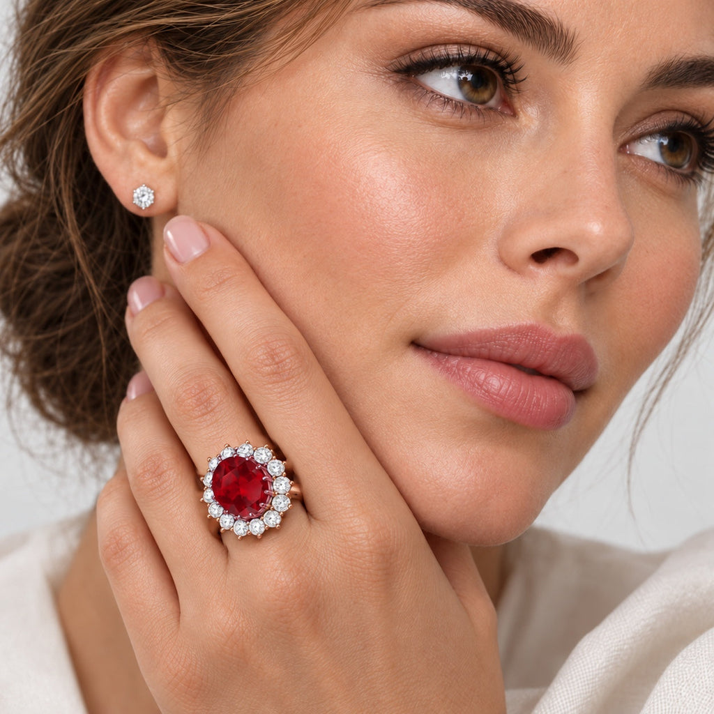 natural 12x10mm oval ruby with fourteen white halo diamonds in 14k rose gold, selected brunette left-ring-finger portrait