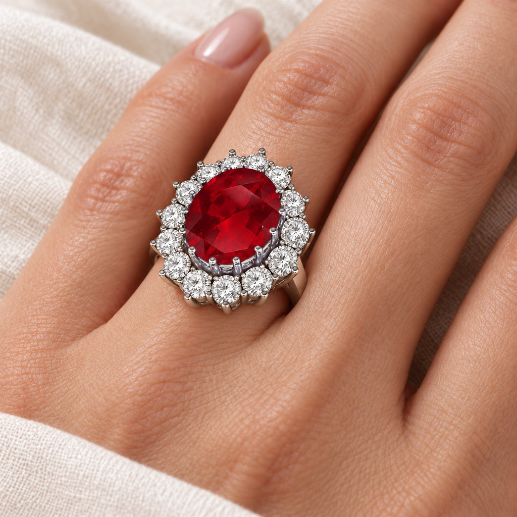 natural 12x10mm oval ruby with fourteen white halo diamonds in 18k white gold, ivory-linen left-ring-finger closeup
