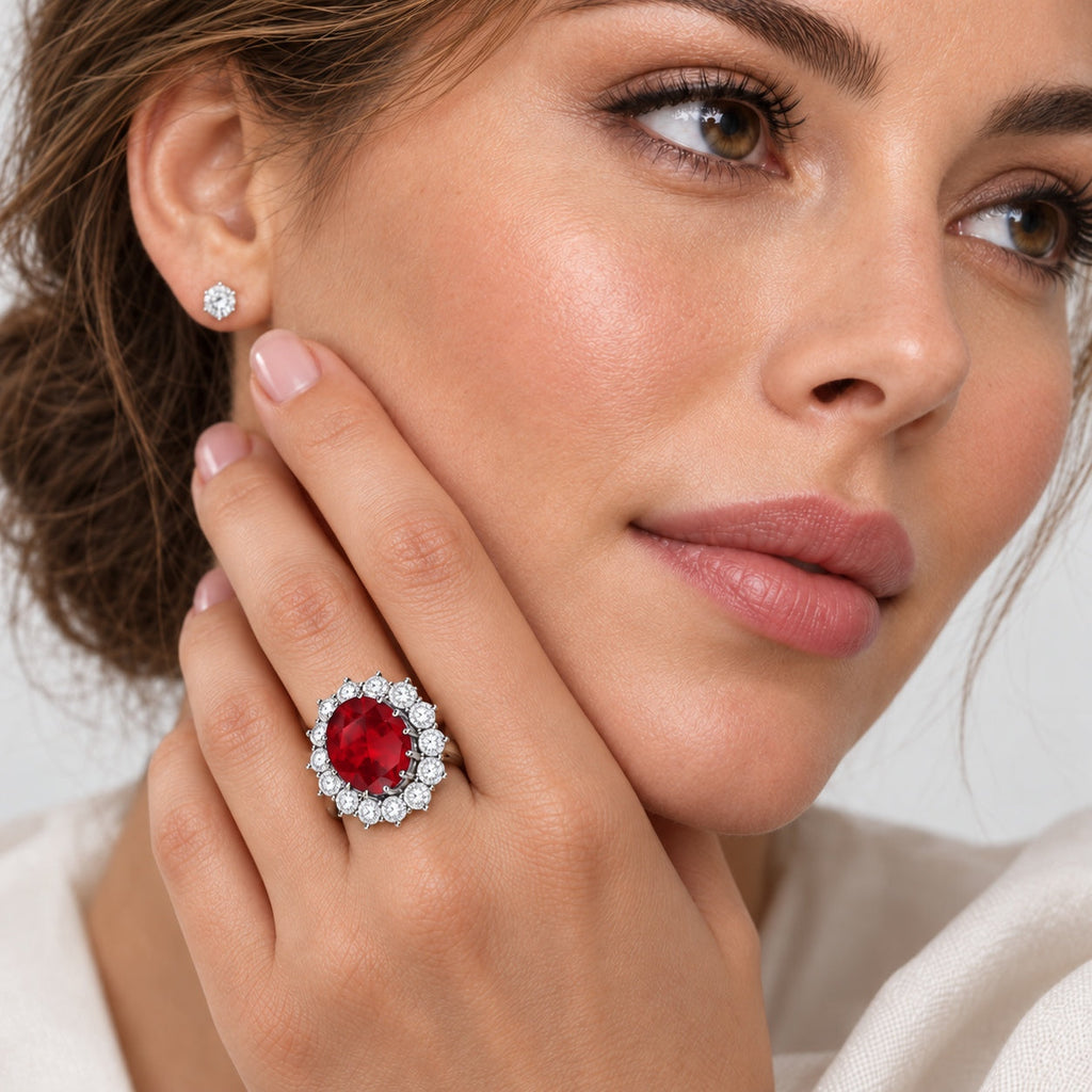 natural 12x10mm oval ruby with fourteen white halo diamonds in 18k white gold, selected brunette left-ring-finger portrait