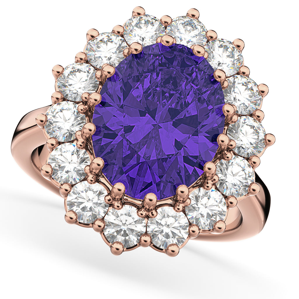 Oval Tanzanite & Diamond Halo Lady Di Ring 18k Rose Gold (6.40ct)