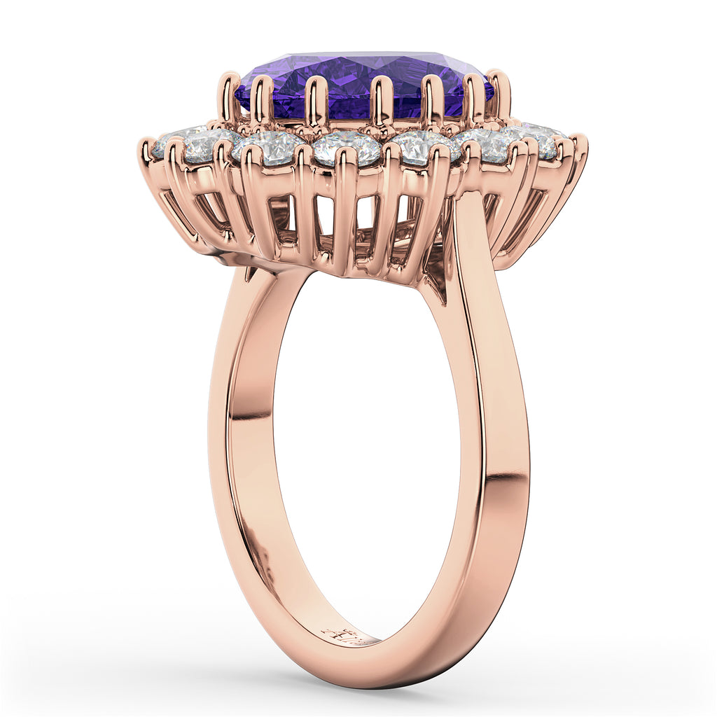 Oval Tanzanite & Diamond Halo Lady Di Ring 18k Rose Gold (6.40ct)