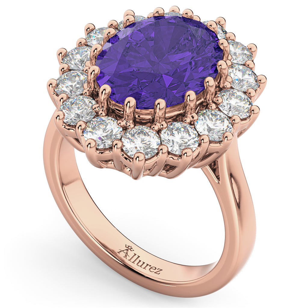 Oval Tanzanite & Diamond Halo Lady Di Ring 18k Rose Gold (6.40ct)