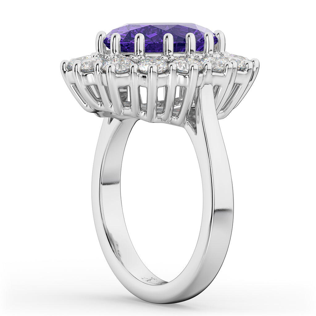 Oval Tanzanite & Diamond Halo Lady Di Ring 18k White Gold (6.40ct)